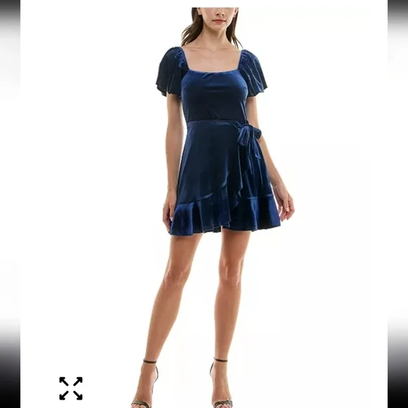Trixxi Juniors' Puff-Sleeve Faux-Wrap Velvet Dress Sz L Women Blue Holiday - Picture 1 of 15